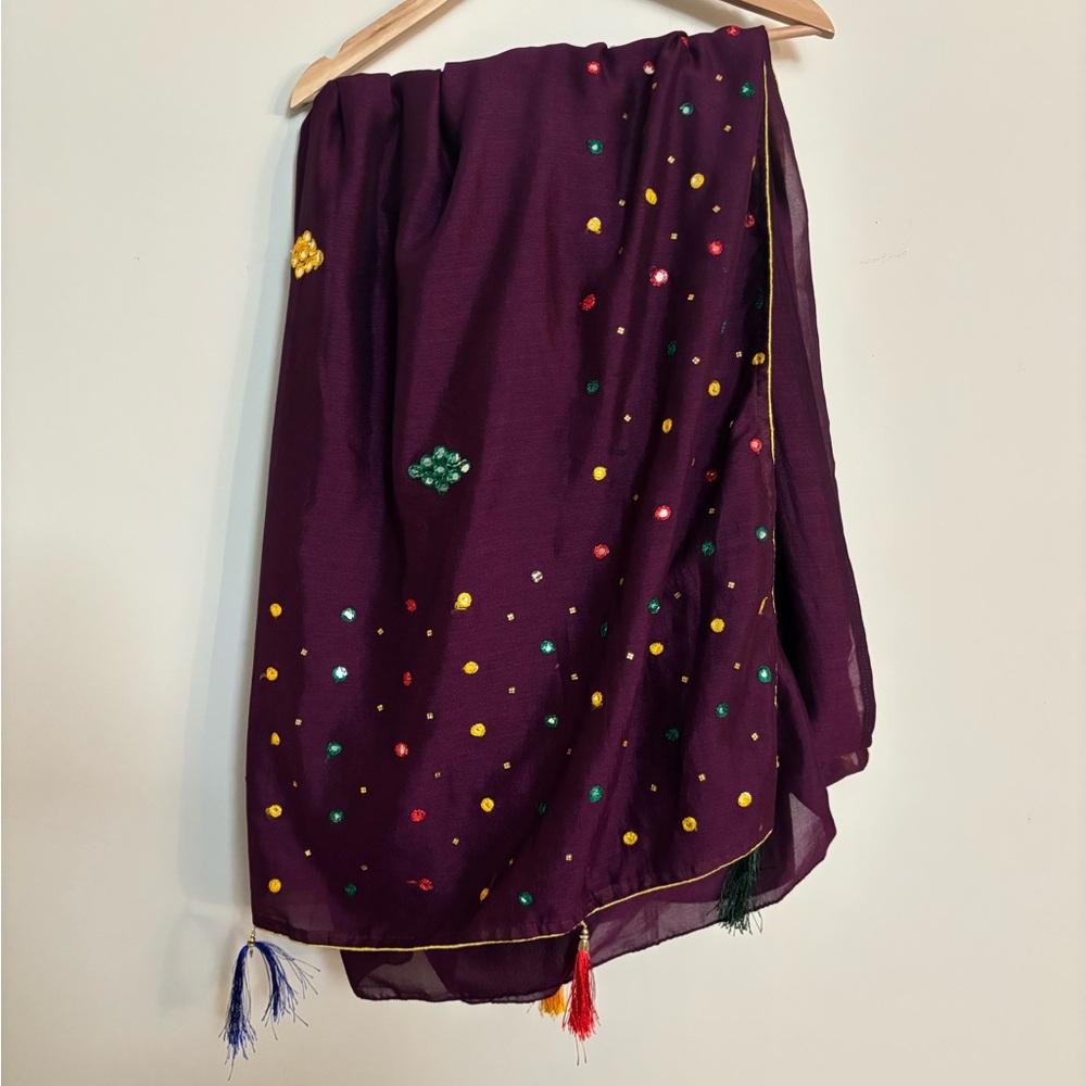 Purple Saree with Multicolor Dots/Mirros and Tassels